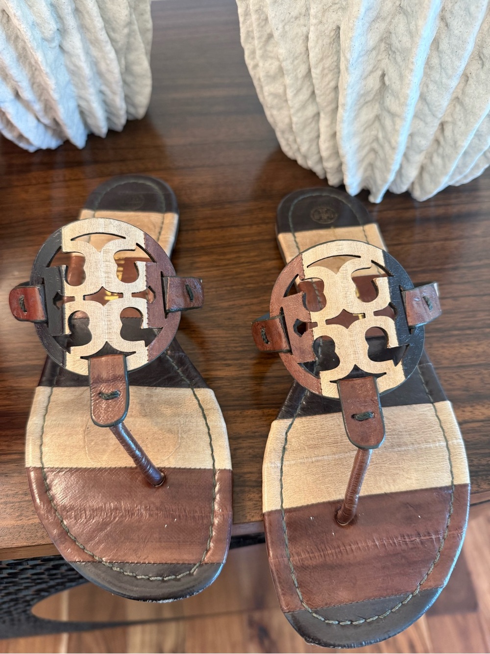 Tory Burch Brown and Tan Leather Logo Thong Sandals